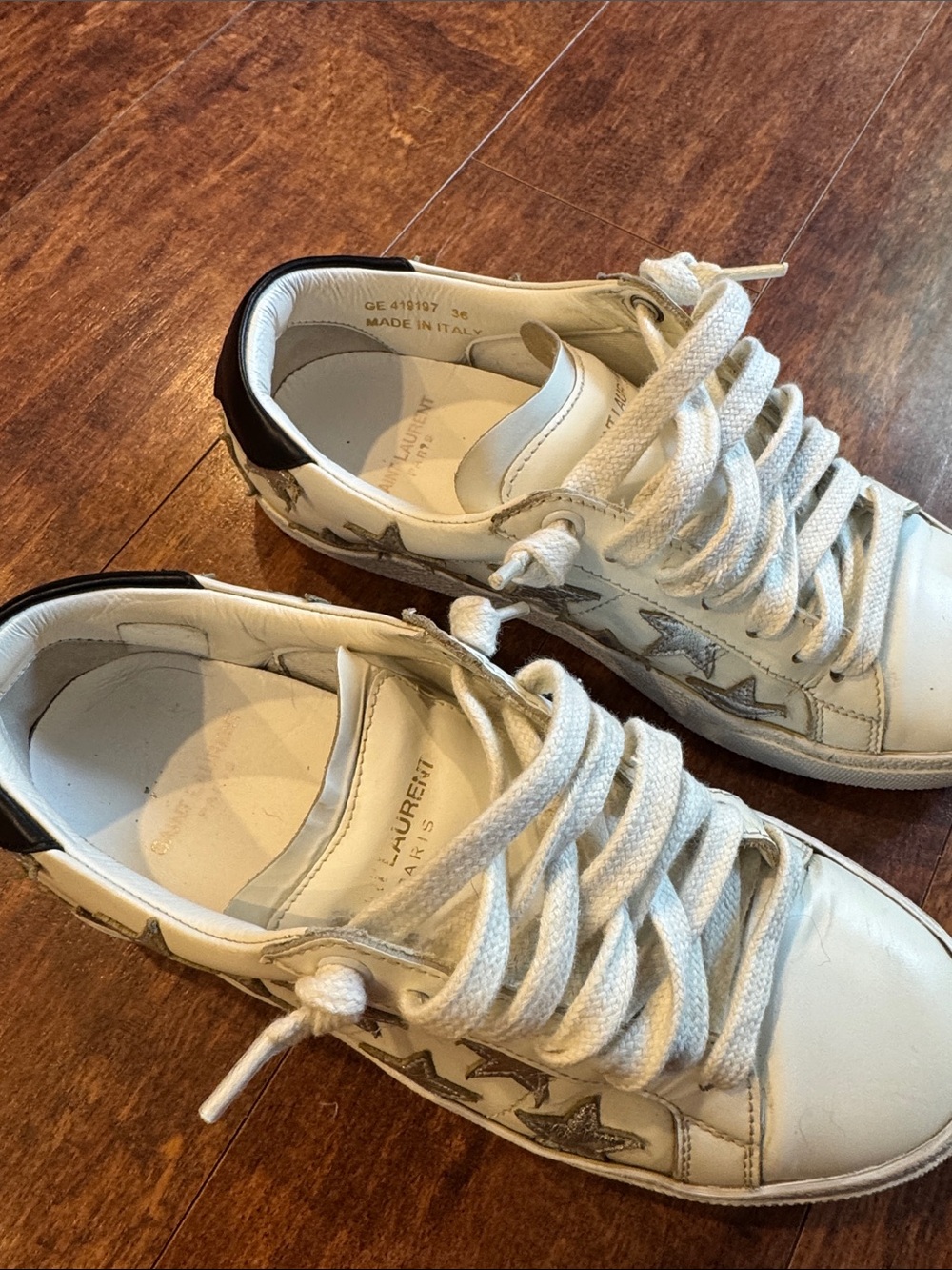 Saint Laurent White Leather Sneakers with Silver Star Accents